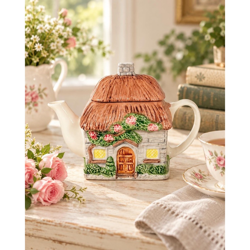 Vintage OCI Omnibus Country Cottage Teapot Hand Painted Tea Pot Cottagecore
